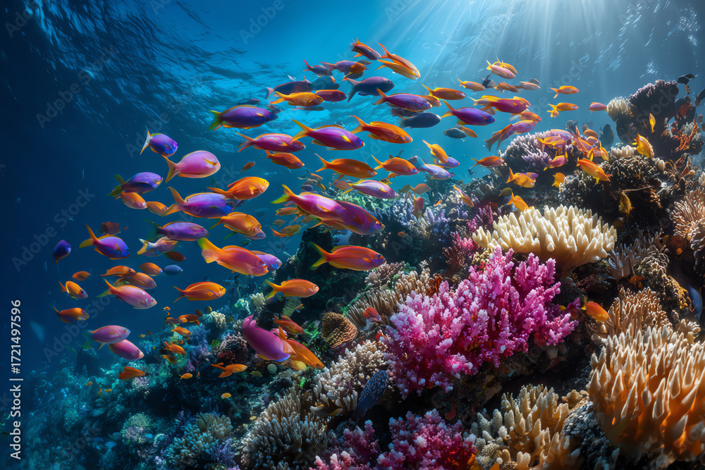 Fototapeta premium Underwater Paradise: A vibrant underwater scene showcasing a kaleidoscope of coral reefs and a school of colorful fish, bathed in the sun's gentle rays.