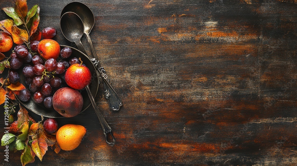 Naklejka premium Fresh Fruits and Rustic Utensils on Dark Wooden Table Surface