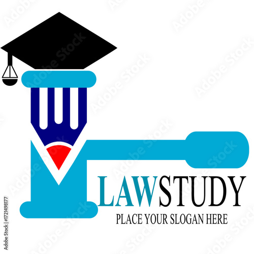Law study logo design with pencil style and hammer. Logo template and business card design.
