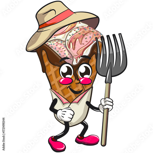 waffle ice cream with chocolate and sprinkles mascot as farmer in hat with his fork, work of hand drawn