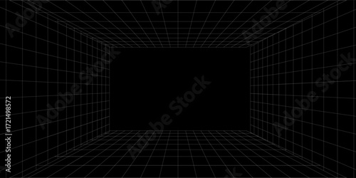 Empty futuristic digital box room grey-black background with white grid space line color surface. Network cyber technology. banner, cover, terrain, sci-fi, wireframe, and related to background.