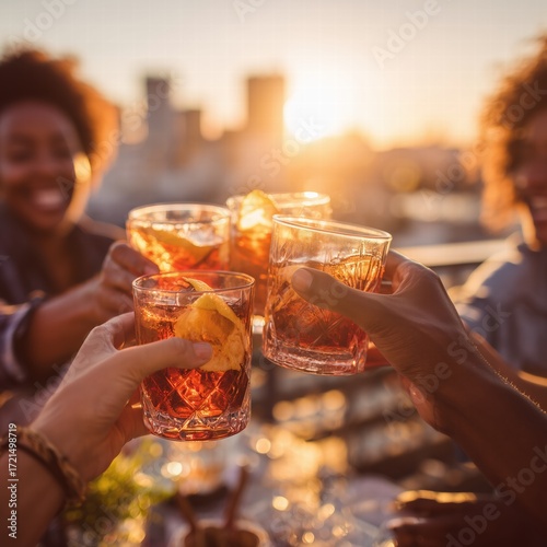 Friends Toasting with Negronis on Rooftop at Golden Hour, Glasses Glowing Against Sunset with City Skyline Bokeh, Authentic Joyful Moment with Cinematic Lighting