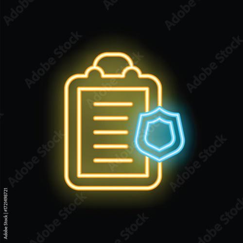 Glowing neon line icon of a clipboard with a shield, representing data security