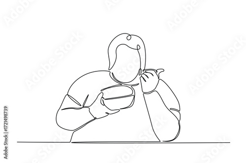obese woman eating food in continuous one line drawing. Single line art illustration of overweight woman eating junk food, obesity concept. Editable vector.