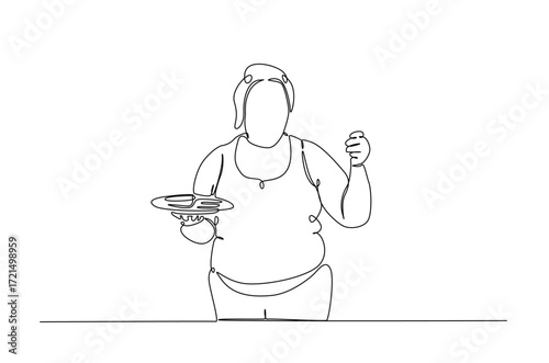 obese woman eating food in continuous one line drawing. Single line art illustration of overweight woman eating junk food, obesity concept. Editable vector.