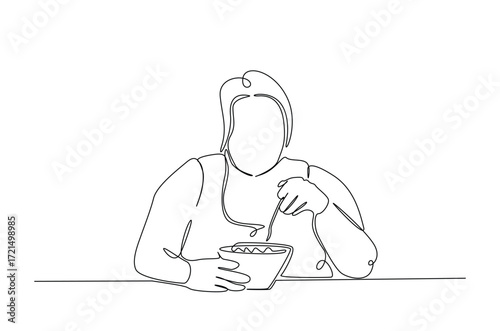 obese woman eating food in continuous one line drawing. Single line art illustration of overweight woman eating junk food, obesity concept. Editable vector.