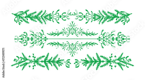 Ornamental floral borders and dividers featuring mistletoe leaves, fir branches, and twigs