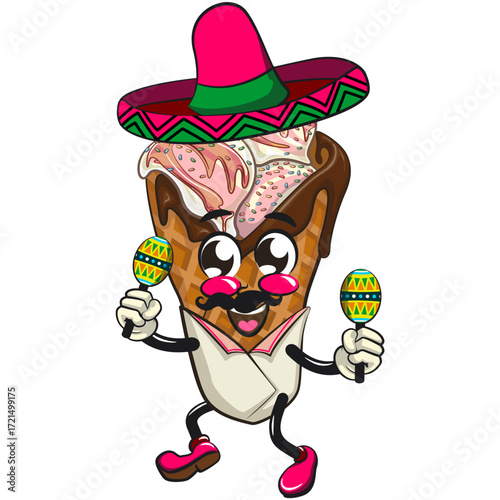 waffle ice cream with chocolate and sprinkles mascot have mustache and wears a sombrero and plays with maracas, work of hand drawn