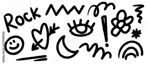 Hand-drawn graffiti elements in chalk or crayon texture. Features abstract shapes, symbols, and playful designs including hearts, eyes, and flowers.