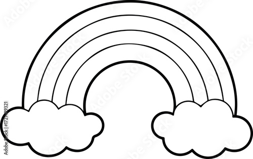 A simple black and white outline drawing of a rainbow with fluffy clouds on each end, isolated on a transparent background, ideal for coloring pages, liner art style
