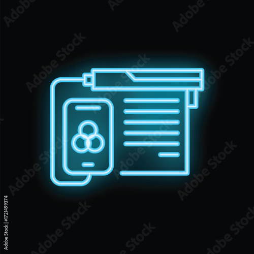 Blue neon icon of electronic signature representing digital document signing with smartphone and stylus pen
