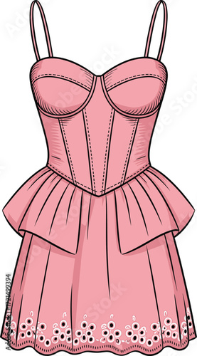 Pink spaghetti strap minidress, fashionable women's party dress, stylish apparel design, vector illustration template isolated on white background