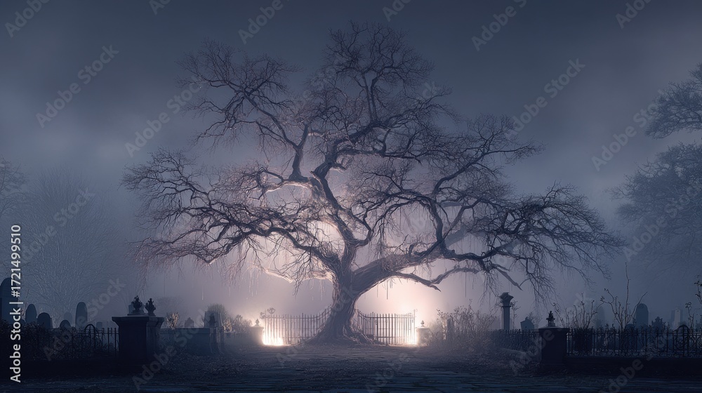 Obraz premium Dark Victorian Tree with Gleaming Wood in Foggy Graveyard Setting at Night