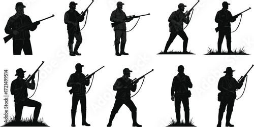 Silhouette of hunters holding rifles, armed men in outdoor clothing, hunting activity, survival lifestyle, camouflage sportsmen, forest adventure, wild nature