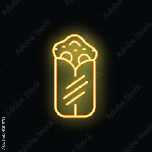 Yellow neon sign representing a shawarma, a popular street food, glowing on a dark background