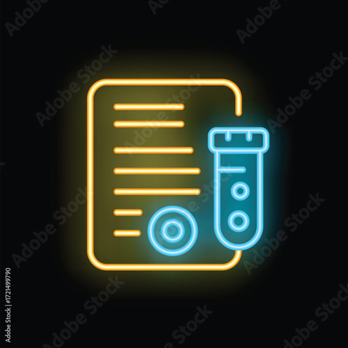 Bright neon icon of medical test result showing blood sample and document on black background