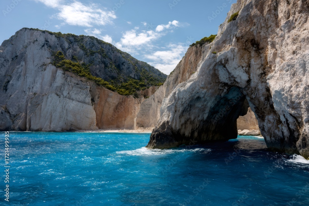 Naklejka premium Zakynthos island seascape with natural rock arch and blue caves