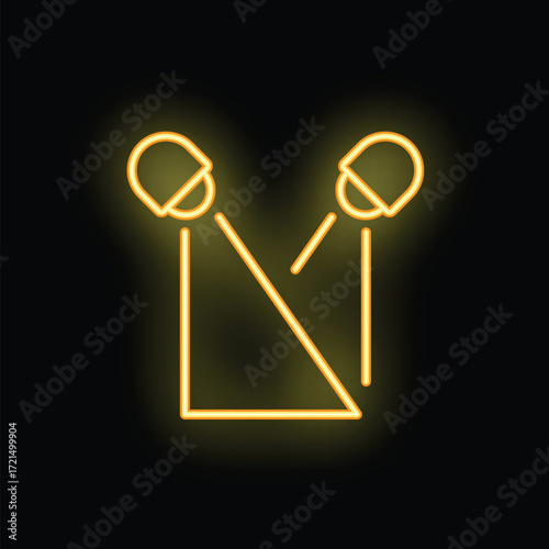Yellow neon microphone icon glowing in the dark, concept of podcast, audio recording or singing