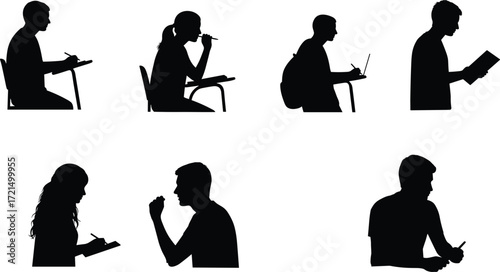 Silhouette of students studying, writing, reading, thinking, preparing for exams, learning in classroom, education concept, academic lifestyle, knowledge, focus