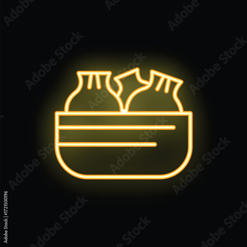 Yellow glowing neon icon of a bamboo steamer basket full of delicious dumplings, on a black background