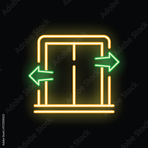 Glowing neon sign of an elevator with its doors opening and closing, indicated by green arrows