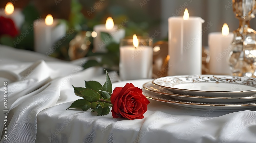 Obraz premium A romantic 3D table setting with elegant candles and a red rose.