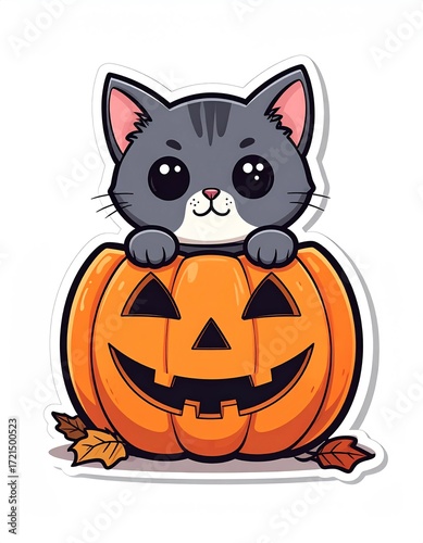 Cute Kawaii Kitten Peeking Out of a Halloween Pumpkin