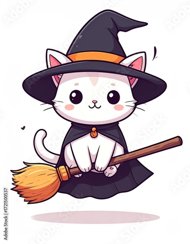 Cute Halloween Witch Cat Riding a Broomstick