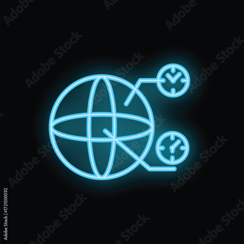 Blue neon icon of a globe connecting with time zones representing global business hours, international business and worldwide communication