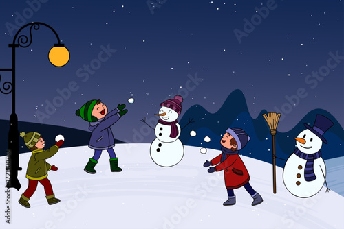 Cute winter illustration of children playing with snowballs in a festive Christmas setting.