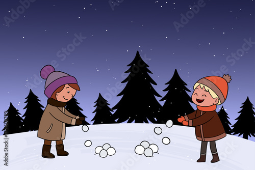 Cute winter illustration of children playing with snowballs in a festive Christmas setting.Cheerful and cozy New Year scene full of joy and holiday spirit