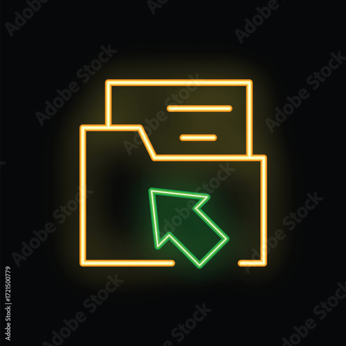 Neon icon of a folder containing documents is being pointed at by a green arrow on a black background