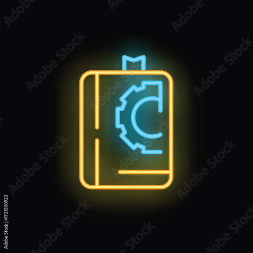 Neon icon of a user manual with a bookmark and cogwheel, representing technical documentation