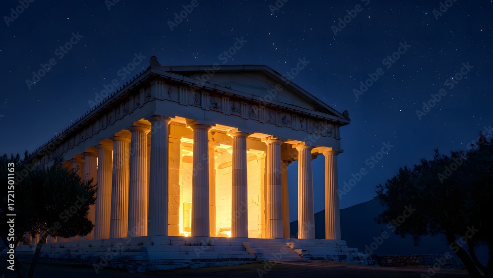 Obraz premium Ancient greek temple illuminated at night under a starry sky
