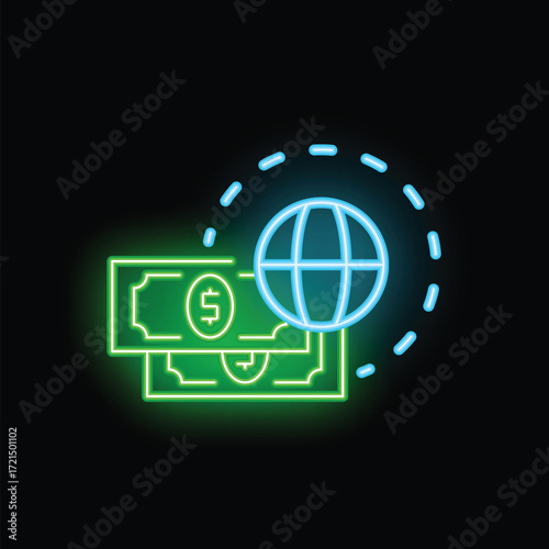 Neon sign representing money circulating around the planet, a symbol of the global economy