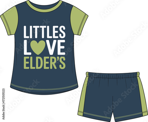 Toddler kids pajama shorts set, Littles Love Elder's t-shirt and shorts, vector flat sketch fashion illustration template isolated on white background
