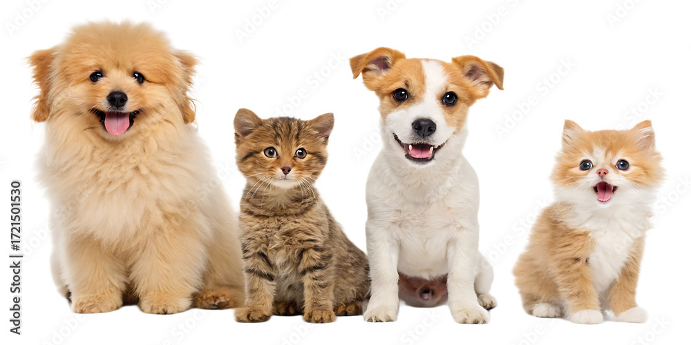 Obraz premium Two puppies and two kittens posing together with happy expressions against a black background