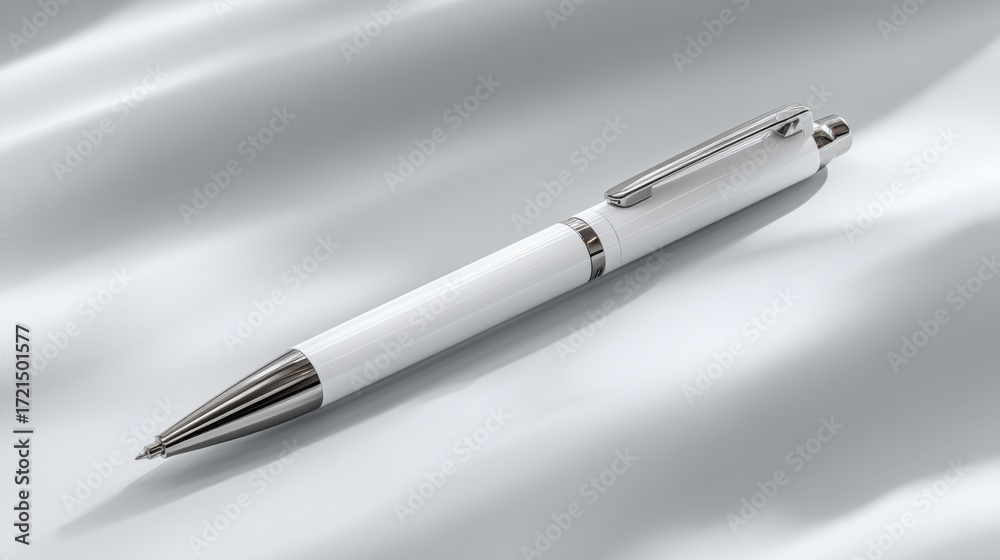 Naklejka premium A sleek, white pen rests elegantly on a smooth, light-colored fabric, showcasing its modern design and shiny metallic accents.