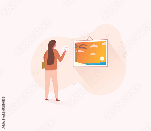 A woman distract by a photo of a summer beach while work vector illustration. concept