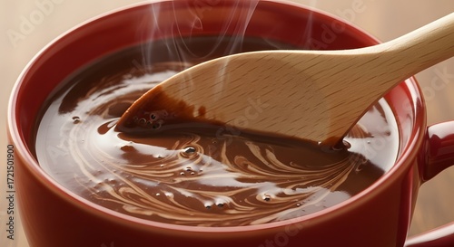 Hot chocolate being stirred in a red mug with a wooden spoon.