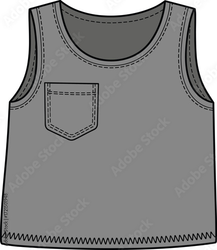 Gray cropped tank top with pocket, trendy sleeveless sports fashion, isolated vector flat sketch illustration for template on white background