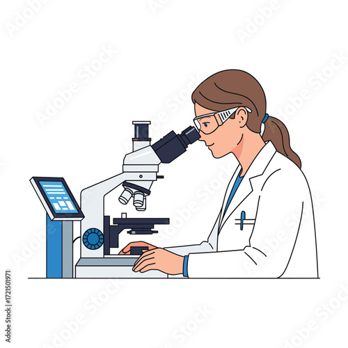 Female Scientist Using Modern Microscope: Line Art Illustration