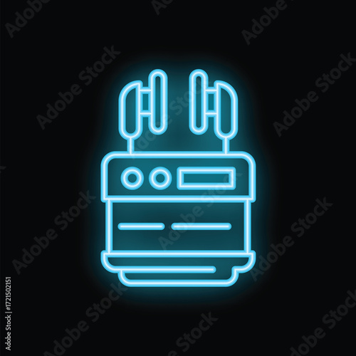 Blue neon icon of an industrial transformer distributing electricity, isolated on a black background