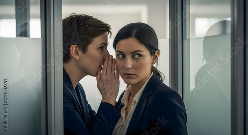 Intrigued businesswoman listening to office gossip, secrets, or confidential news with concerned expression during serious conversation at work