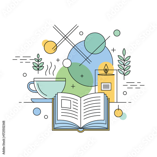 Serene Line Art: Open Book, Tea, Candle, and Abstract Shapes