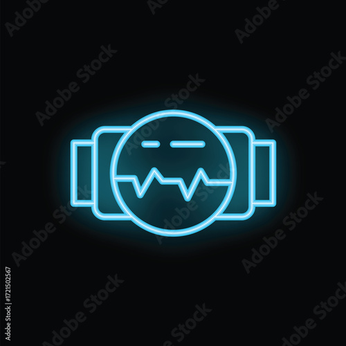Blue glowing neon icon of smartwatch showing heartbeat on black background