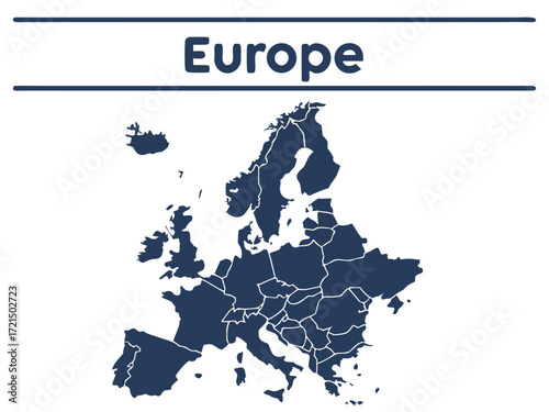 Detailed Blue Europe Map with Country Borders on White Background Illustration 