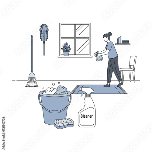 Woman cleaning home, minimalist line art, fresh and clean mood.