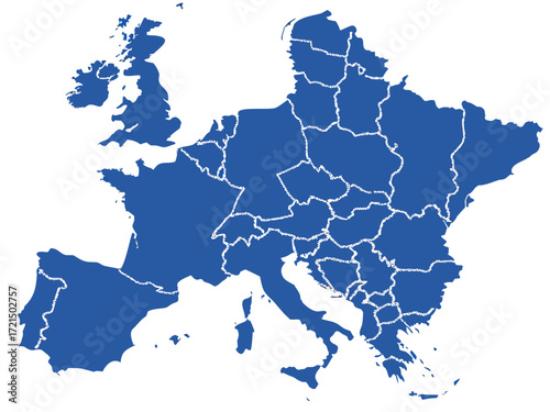 Detailed Blue Europe Map with Country Borders on White Background Illustration 