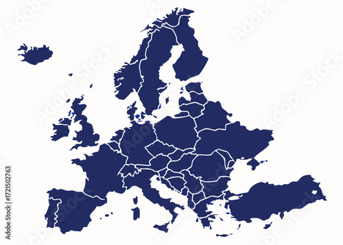 Detailed Blue Europe Map with Country Borders on White Background Illustration 